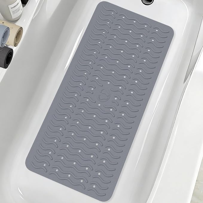 Non Slip Bathtub Mat & Shower Mat, 31x15'' Anti Slip Bath Mat for Tub, Soft TPE Anti-Skid Bathroom Mat with 194 Suction Cups & Drain Holes, Wave-Textured Grip, Machine Washable, Grey