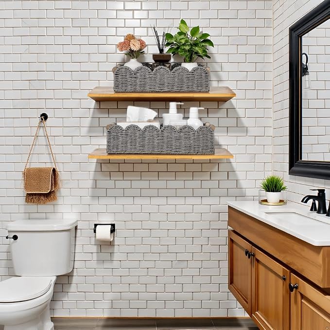 CubesLand Toilet Paper Storage Basket, Scalloped Edge Shelves Basket for Organizing for Over Toilet Tank Storage, Home Decor Baskets for Shelf, Countertop, Living Room, Bedroom, Handwoven, Grey
