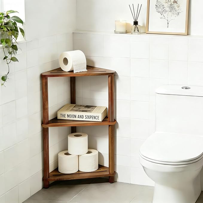 IBosins Corner Shower Shelf 3-Tier Shower Caddy Standing Bathroom for Inside Shower Stool Storage for Kitchen Livingroom Bedroom - Acacia Wood