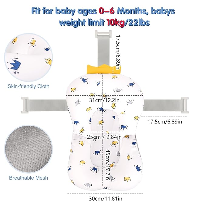 Colorlife Baby Bath Seat Support Net Infant Bathing Seat Support Mat, Adjustable Comfortable Non-Slip Three-Pointed Baby Shower Net Bathtub Sit Up Mesh for Newborn 0-12 Months-Crown(No Bathtub)