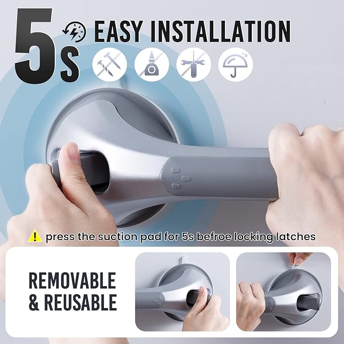 TAILI Shower Grab Bar 2 Pack 16 Inch Suction Grab Bars for Bathtubs & Showers, Heavy Duty Shower Handle Removable Shower Handrails for Elderly and Seniors, No Drilling Waterproof, Silver,G9