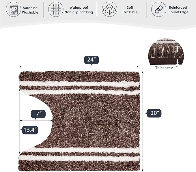 PURRUGS Bathroom Rug Non-Slip Machine Washable 20" x 24" U-Shaped, Super Absorbent and Quick Dry Shaggy Microfiber Bath Mat, Extra Soft and Plush Contour Rug for Toilet Base, Brown