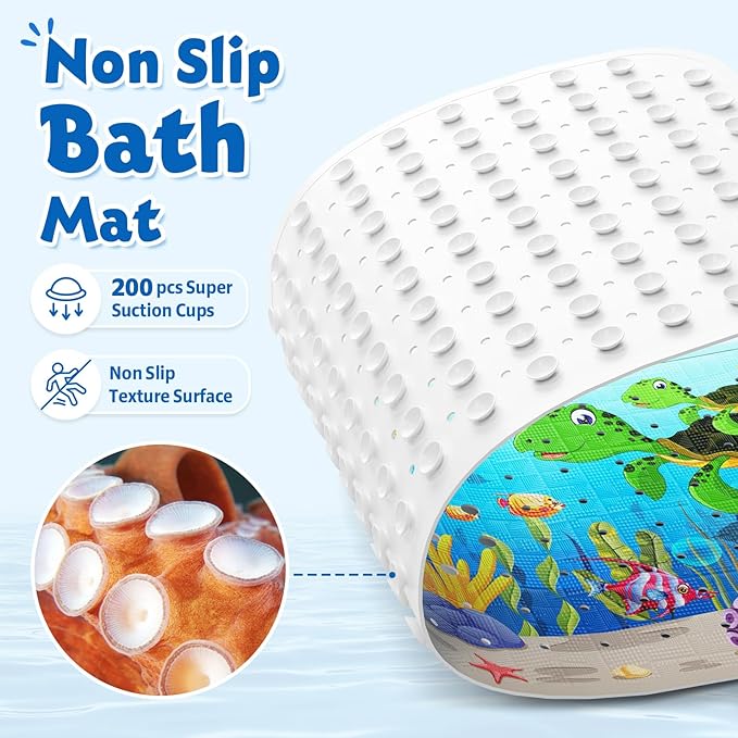 XIYUNTE Baby Bath Mat for Tub Non Slip Kids Bath Mat - 40''x16'' Extra Long Cartoon Bathtub Mat Non Slip Kids Shower Mat Eco-Friendly Toddler Bath Mats with Suction Cups, Machine Washable, Sea Turtle
