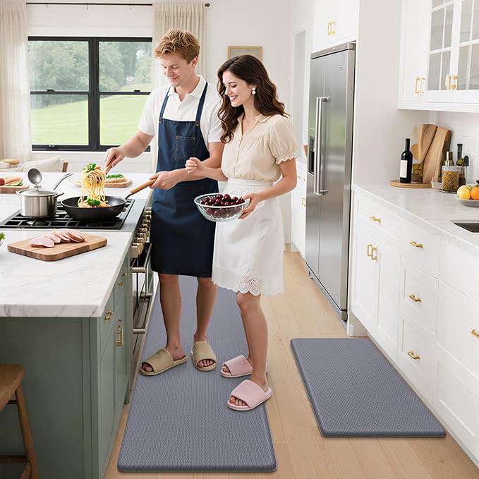 StepLively Kitchen Mat, 2 PCS Kitchen Rugs, Cushioned Kitchen Mats for Floor, Anti Fatigue Kitchen Rug Set, Non-Skid Standing Mat for Kitchen, Office, Sink, 17.3"x30"+17.3"x70", Grey