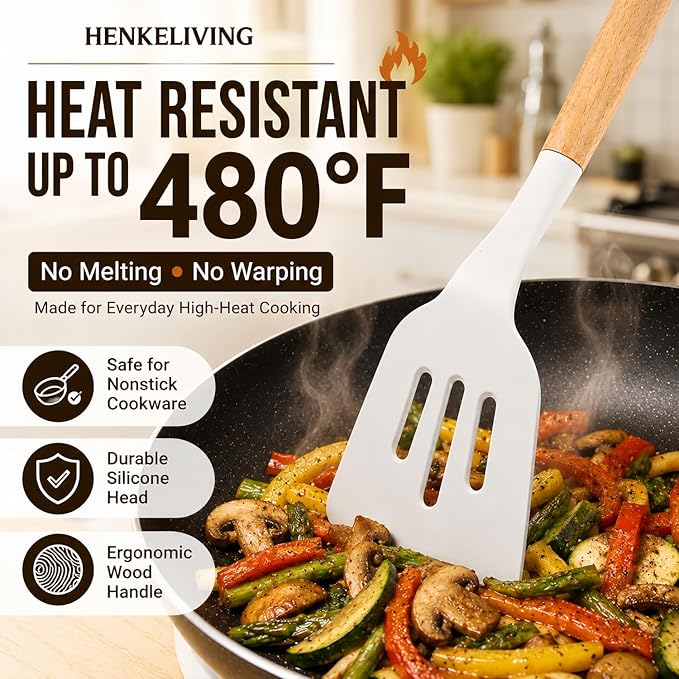 Silicone 10 Pcs Kitchen Cooking Utensils Set, Recycled Materials Certification, BPA Free Spatula Set with Heat Resistant Wood Handles for Nonstick Cookware, Cream White