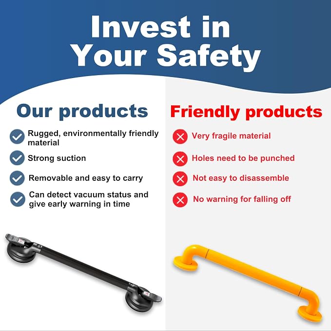 Shower Handle,Shower Handles with Strong Suction Cup Grab Bar,Bathroom Safety Grab Bar for Handicap Elderly Seniors and Disabled,Heavy Duty,Black