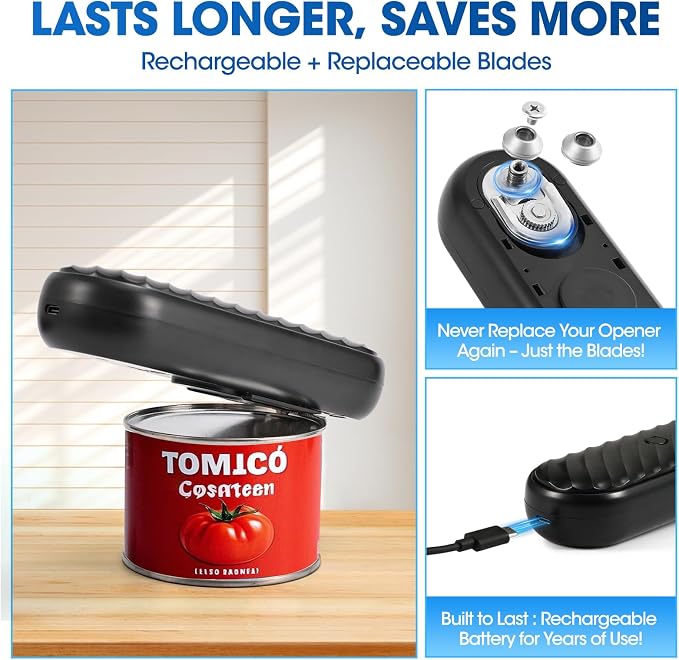 Rechargeable Electric Can Opener, Removable and Replaceable Blade, Smooth Edge, Automatic Can Opener for Kitchen Arthritis and Seniors, Best Kitchen Gadget for Almost Size Can-Black