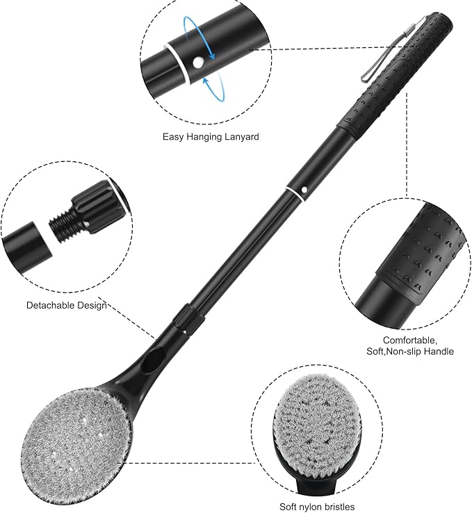 Back Scrubber for Shower, 17.52" - 25.7” Telescopic Back Washer for Shower with Anti-Slip Long Handle, Soft Nylon Bristles, Detachable Back Brush for Shower for Men Women Elderly
