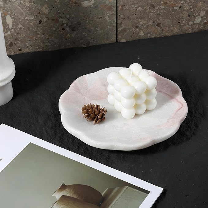 Koville Marble Tray, 8" Round Marble Vanity Tray for Jewelry Trinket Perfume, Natural Stone Tray for Bathroom Kitchen Dresser Countertop, Scalloped Decorative Tray for Home Table Decor(Namibia Rose)