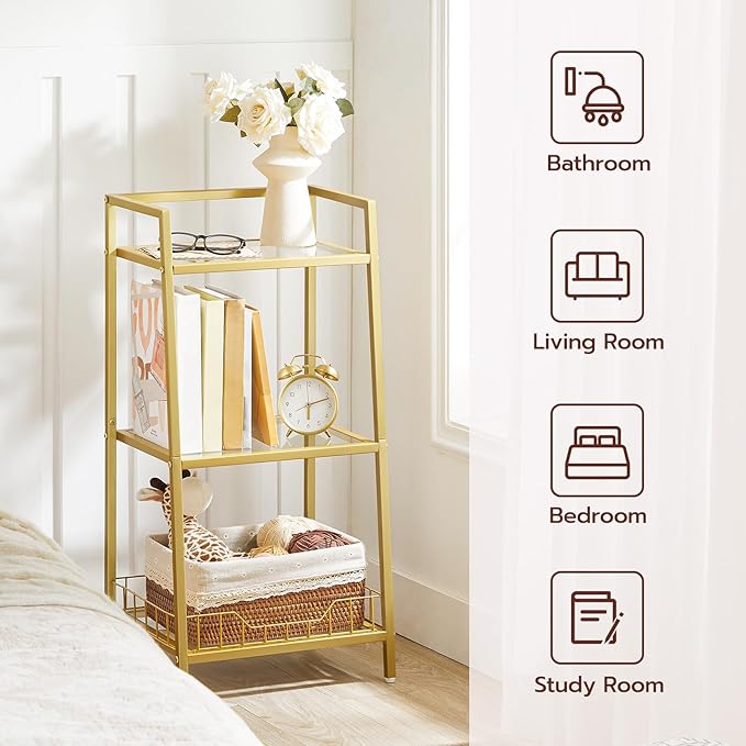 HOOBRO Gold Glass Shelf Stand, 3 Tier Standing Shelf Unit, Bathroom Organizer and Storage, Floor Storage Shelves Waterproof, for Bathroom, Laundry, Toilet, Tempered Glass, Gold GD77CJ01