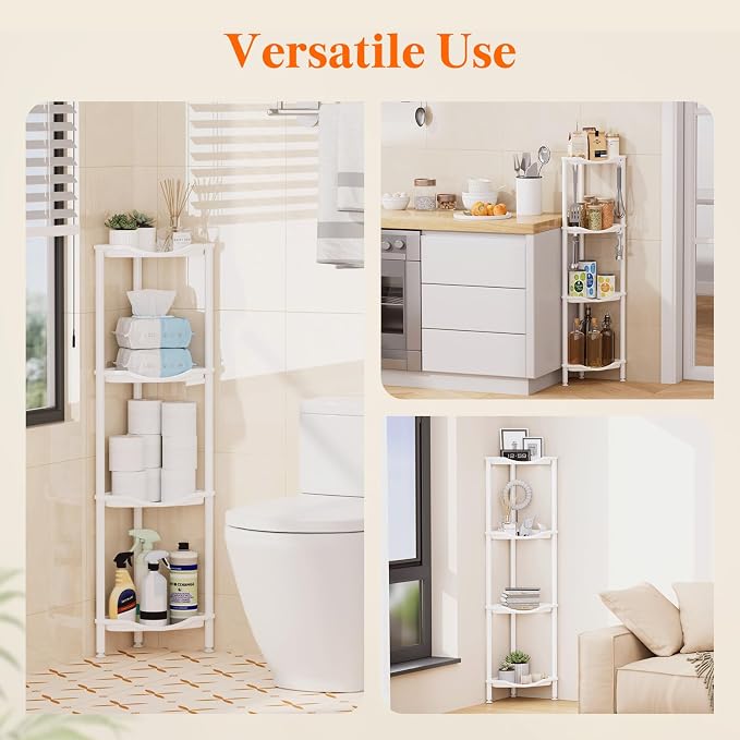 Lifewit Floor Standing Shower Caddy Corner, 4 Tier Plastic Shower Stand Rack with Adjustable Feet and Hooks, Rustproof Bathroom Shelf Organizer, White, 34 x 24 x 107 cm/13 x 9.5 x 42 inch