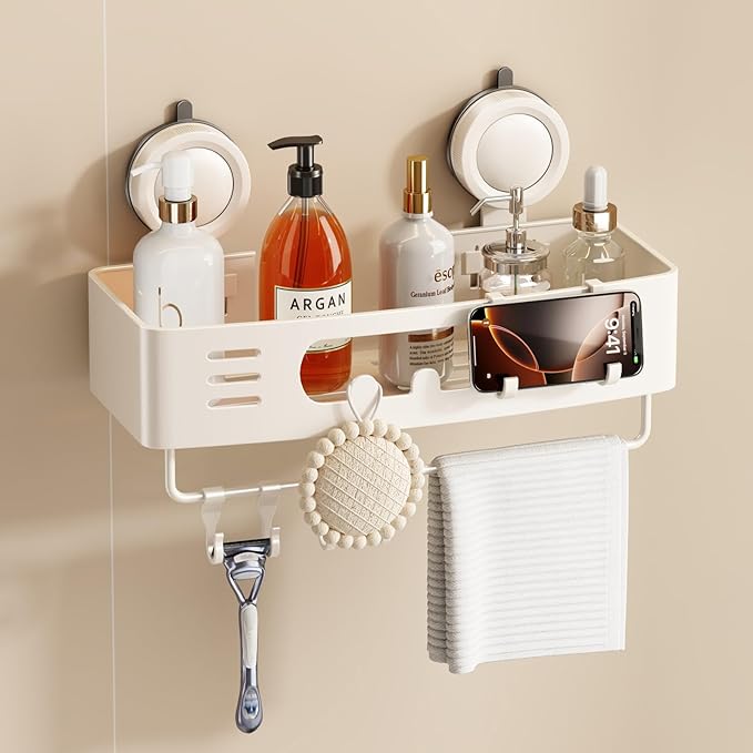 Voldra Shower Caddy Suction Cup, Shower Shelves for Inside Shower No Drilling, Aluminum Suction Showers Organizer for Wall with Towel Bar & Hooks Removable Bathroom Storage Rack(1 Pack-Cream White)
