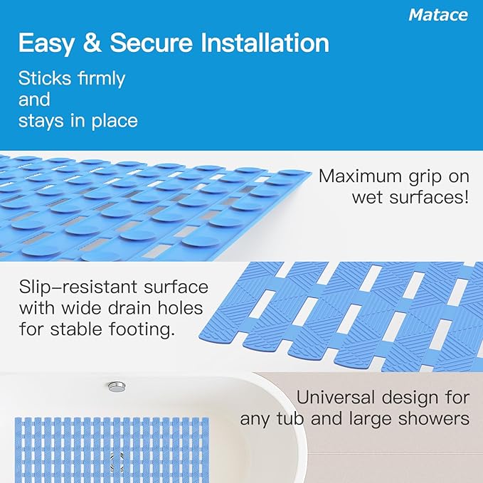 Bathtub Mat Non Slip - for Inside Bath Tub & Shower, Small 27x16 Inch, 180 Strong Suction Cups, Soft Textured Surface, Fast Drain & Quick Dry, Bathroom Safety Mat, Pastel Blue, Matace