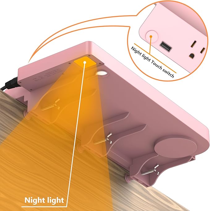 Hiree Bedside Shelf for Dorm Bunk Bed with USB Charging Port and 2 AC Outlets, Bed Side Table Tray Organizer, College Dorm Essential, Clip On Bedside Tray, Cool Teen Girls Trendy Stuff (Pink)