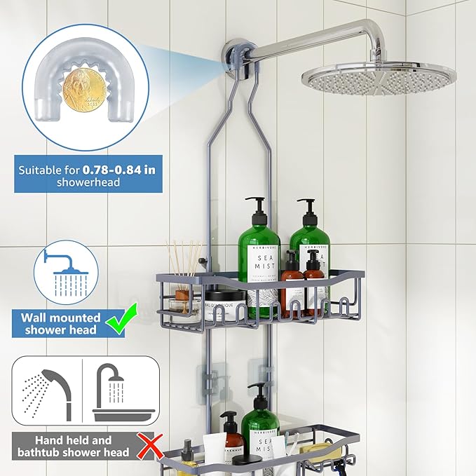 Upgraded Extended Length Shower Caddy Over Showerhead No Blocking to Showerhead, Rustproof Bathroom Organizers and Storage with Hooks Shampoo Soap Holder, Large Hanging Caddy, Grey