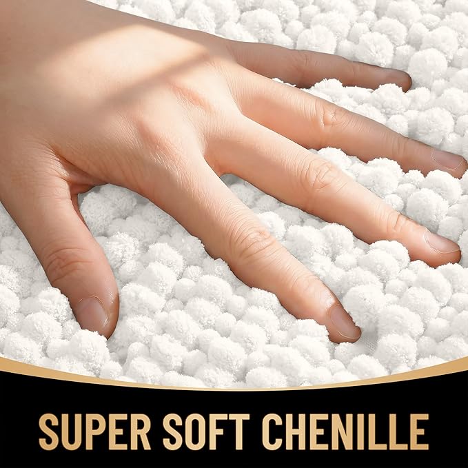 OLANLY Thick Toilet Rugs U-Shaped 24x20, Extra Soft Absorbent Shaggy Chenille Contour Bathroom Rugs for Toilet, Dry Quickly, Machine Washable, Non-Slip Bath Mat, Ivory