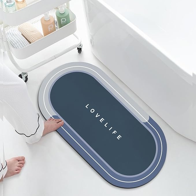 Rubber Bath mats Quick-Drying Non-Slip Bathroom mat Super Absorbent Bath mat Instant Dry Bath mat, Bathroom Rug in Front of The Kitchen Sink, Shower Room, Bathtub, Oval(Blue+16.9x35.4in)