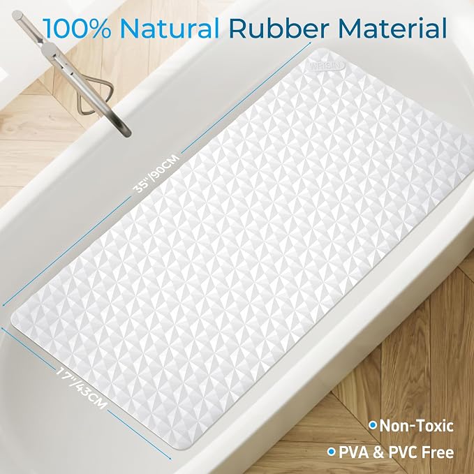 Non Slip Bathtub Mat for Bath Tub Shower Safety - Natural Rubber Mat with Suction Cups ＆ Drain Holes - BPA/PVC Free Large Bathroom Mat - Machine Washable - Unique Diamond Pattern - 17 × 35 Inch