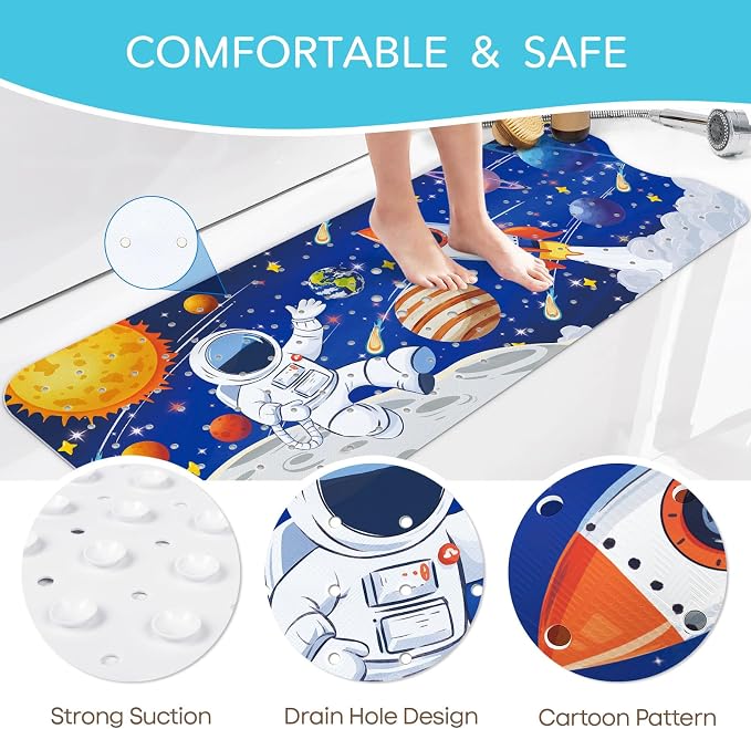 SHUCHING Blue Baby Bath Mat for Tub Non Slip-40 X 16Inch, Space Astronaut Bathtub Mat Anti Slip for Kids, Toddler Long Shower Mat for Bathroom Mold Free, Machine Washable