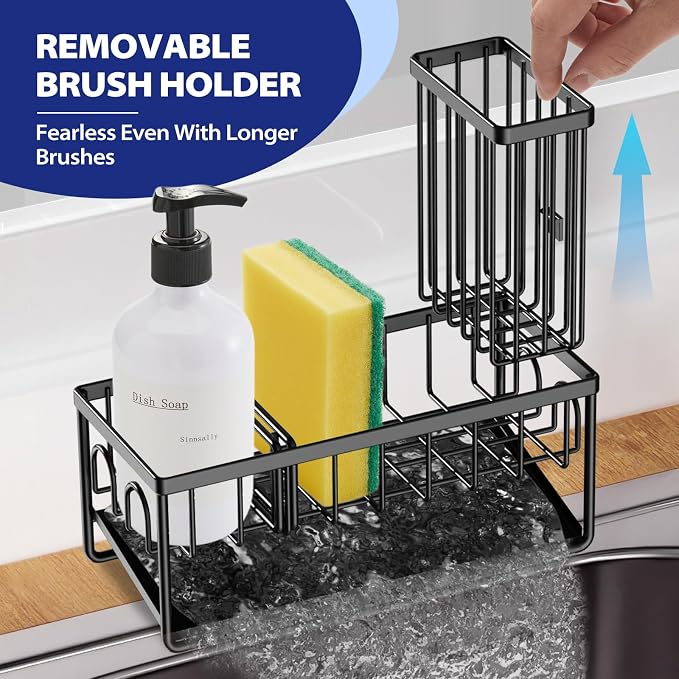Sinnsally Kitchen Sponge Holder,Sink Caddy Organizer with Brush Holder,Stainless Steel Sink Box Dish Scrubber Holder with Self Drain Tray,Soap Dispenser Kitchen Storage Accessories(1 Tier-Black)