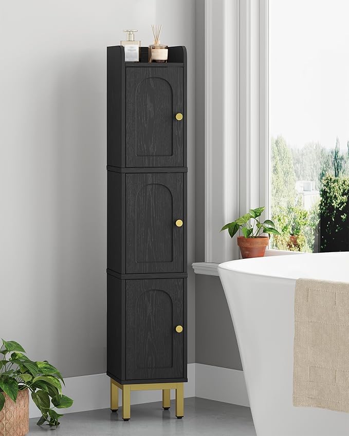 Hzuaneri Slim Bathroom Storage Cabinet, Narrow Bathroom Organizers and Storage with 4 Adjustable Feet, Laundry Room Organization for Small Space, Kitchen, Living Room, 3 Doors Black BC22304G
