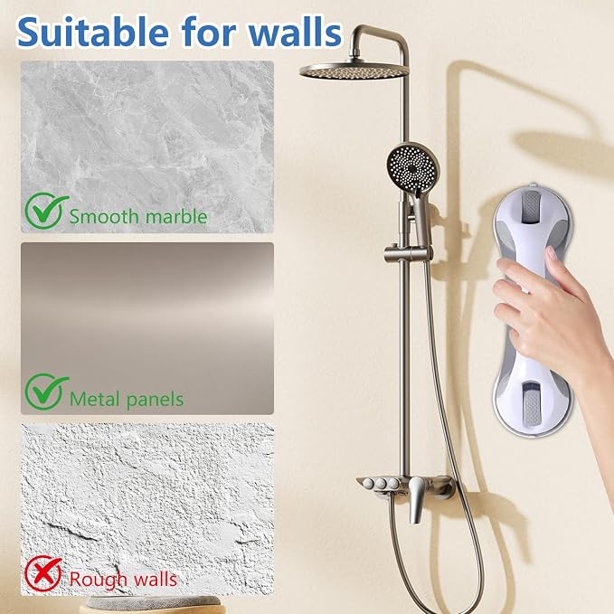 2-Pack Grab Bars for Shower :3 Strong Suction Cups, No-Drill Removable Bathroom Handrails for Seniors and Disabled Waterproof Shower Grab Bar for Toilet, Tub & Shower