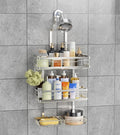 OMAIRA Shower Caddy Hanging with Soap Scrub Holder, Stainless Steel Adjustable No Drilling Non-Slip Large Capacity Sturdy Over Shower Head Shower Organizer Inside Shelves Bathroom Storage Rack, Silver