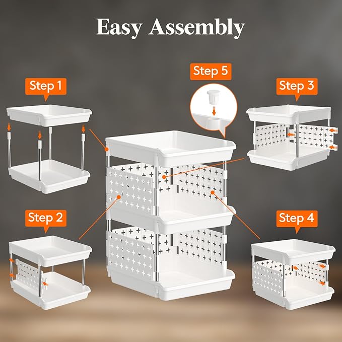 Lifewit Plastic Stackable Storage Baskets, 3 Tier Stacking Bins for Food and Clothes, Multifunctional Organizer for RV, Kitchen, Playroom, Pantry, White, 35 x 30 x 50 cm/14 x 12 x 20 inch, 1 Pack