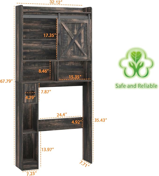 Vabches Over The Toilet Storage Cabinet, Farmhouse Storage Cabinet Over Toilet with Sliding Doors & Toilet Paper Holder Stand，Home Space-Saving Toilet Rack, for Bathroom, Laundry(Dark Grey)