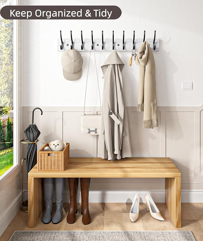Optish 1 Pack Wooden Coat Rack Wall Mount, 16.1" Rustic Coat Hanger Hooks with 5 Double Hooks, Wall Coat Rack for Hat, Clothes, Bags, Jacket, White