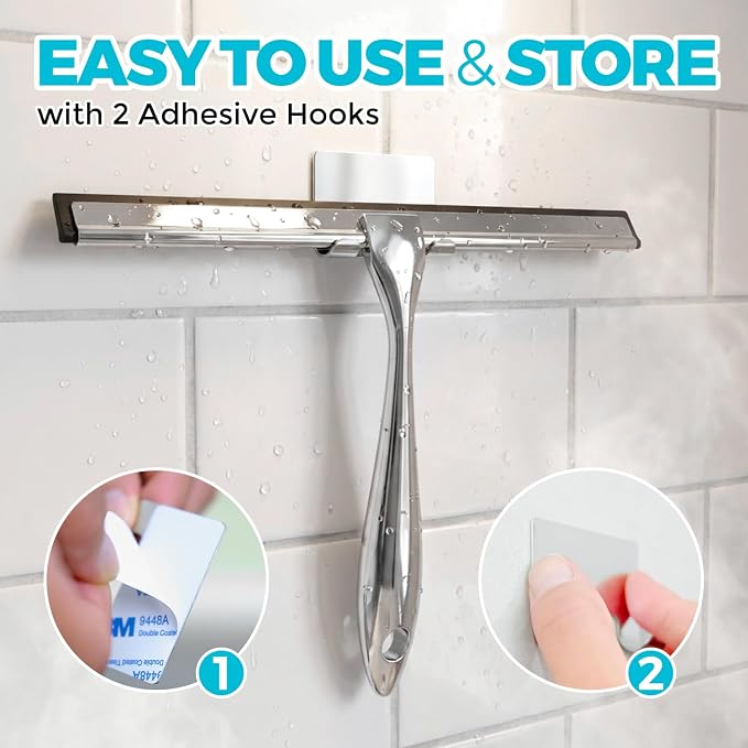 ALFLOD 2PACK 12-Inch All-Purpose Shower Squeegee for Shower Doors, Tile Shower Walls, Bathroom, Window, Glass and Car Windshield, Mirrors and Kitchen-Stainless Steel, Multitools, Silver