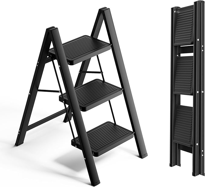 SOLADDER Step Ladder 3 Step Folding, Small Step Stool for Adults, Portable Anti-Slip Iron Stepladder with Wide Pedals for Home and Kitchen Use, Space Saving - Black (300 lbs)