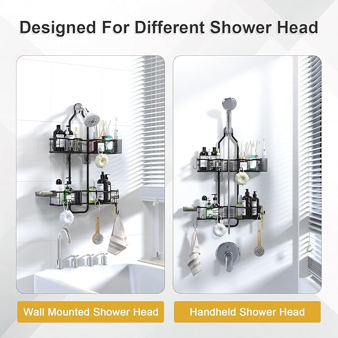 Shower Caddy Hanging Organizer, Rustproof Over Shower Head Caddy Holder with Hooks for Razor/Sponge, No Drilling Bathroom Racks Bath Storage Shelves for Shampoo Soap Towels, Black