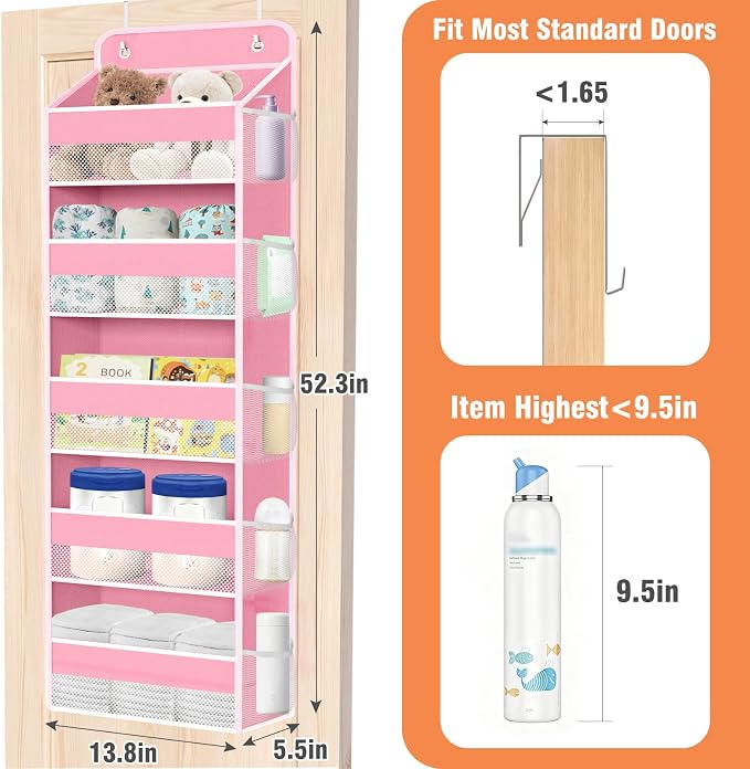 WISELIFE Over The Door Organizer - 5 Shelves Large Capacity Hanging Bedroom Storage Solution with Side Pockets for Dorm Bathroom Pantry Nursery and Baby Essentials Holds up to 40 Lbs (Pink)