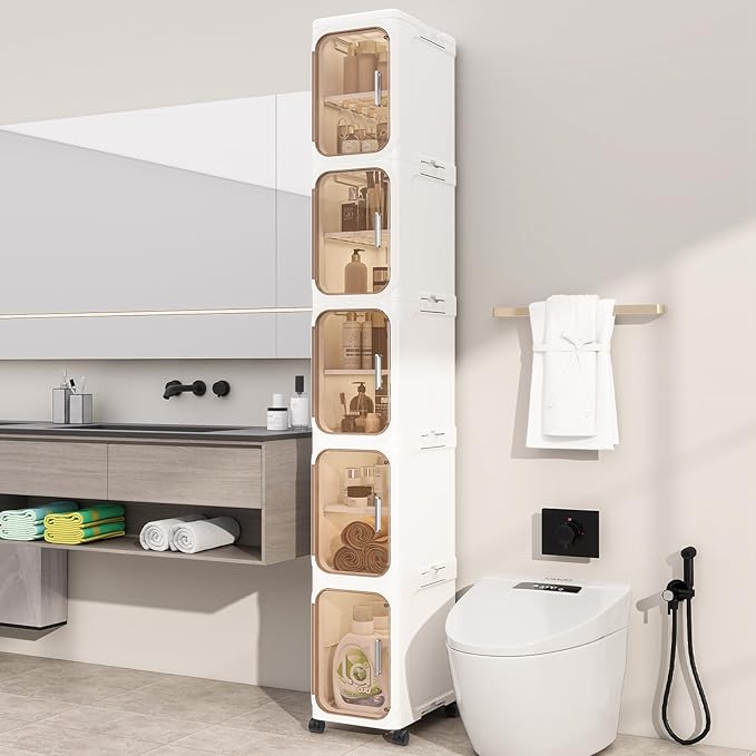 5-Tiers Slim Bathroom Storage Cabinet, Foldable Storage Cabinets,Narrow Bathroom Storage,Movable Bathroom Storage Organizer for Small Spaces,Bathroom,Kitchen,Laundry, Beige