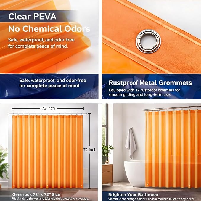 EHZNZIE Orange Shower Curtain Liner 72x72, PEVA Waterproof Bath Curtain, No Chemical Smell, 3 Weighted Magnets, Durable with Rustproof Metal Grommets