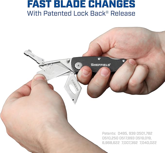 Sheffield Folding Utility Knife, Accepts Standard Utility Knife Blades, Box Cutter Aluminum Handle, Razor Blades Included, For Home, Office, Trades, and Warehouse