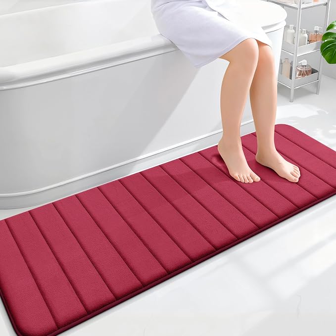 OLANLY Memory Foam Long Bathroom Rugs Runner 59x20, Super Soft Absorbent Bath Mat, Quick Dry, Machine Washable Shower Floor Rugs, Bathmat Carpet, Bathroom Home Decor Accessories, Burgundy