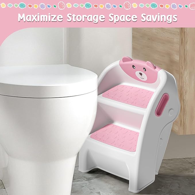 TPN Toddler Step Stool for Bathroom Sink and Potty Training Durable Anti-Slip,Anti-Tip A-Frame,10-Second Assembly, 2-Step Potty Stool with Wide Steps (Pink)