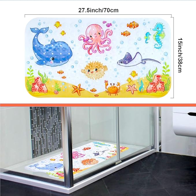 Secopad Bath Mat for Tub Non Slip, Machine Washable Anti-Slip Cartoon Baby Bathtub Shower Mat with Drain Holes and Suction Cups for Toddler & Kids, 27.5 Inch x 15 Inch-Rectangular, Pink Octopus