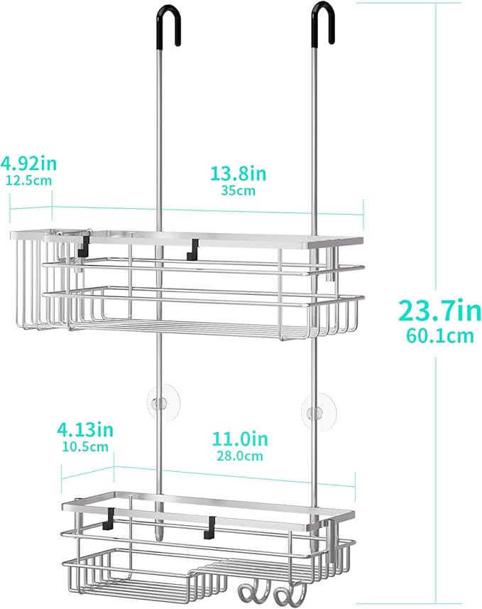HapiRm Hanging Shower Caddy Organizer - No Drilling Shower Shelves with Hooks and Toothbrush Holder, Rustproof 304 Stainless Steel Bathroom Organizer - Brushed Nickel