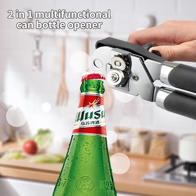 Safring Can Opener Manual, Handheld Strong Heavy Duty Stainless Steel Can Opener, Comfortable Handle, Sharp Blade Smooth Edge, Can Openers with Multifunctional Bottle Opener, Gray