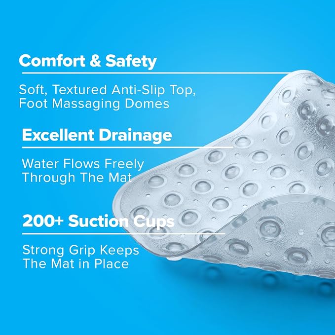 SlipX Solutions Power Grip Extra Long Bath Tub & Shower Mat 39x16, Wet Floor Non-Slip for Elderly & Kids Bathroom, 30% Longer Bathtub Mats, 200 Suction Cups, Drain Holes (1, Clear)