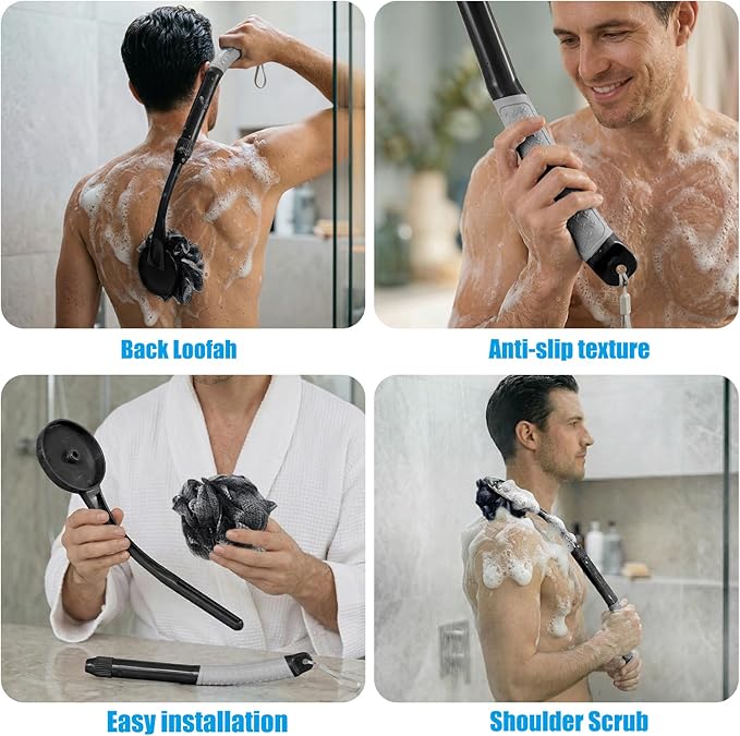 Loofah with Handle, Retractable Shower Loofah with Anti-Slip Grip, Exfoliation and Improved Skin Health, Back Loofah for Shower for Men Women