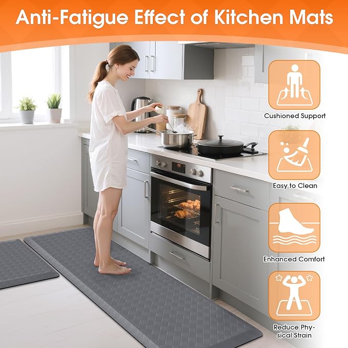 TranquilRelax 4/5 Inch Thick 2-Piece Anti-Fatigue Kitchen Mats, Cushioned Non-Slip Waterproof Sink & Stove Floor Mats, Comfortable Standing Rug Set for Kitchen, Laundry & Entryway, Grey