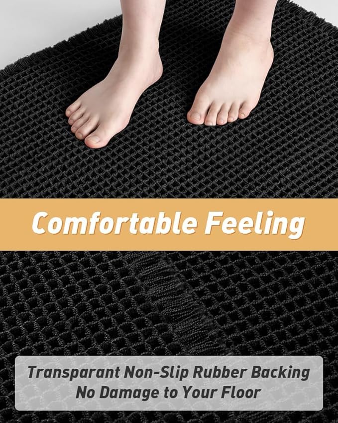 AMOAMI Upgraded Waffle Runner Rug, Super Absorbent Non Slip Bath Mats for Bathroom Floor, Washable Bathroom Runner Rug with Tassels, Ideal for Hallway Bedroom Laundry Room, Black, 2'x 5'(24" x 60")