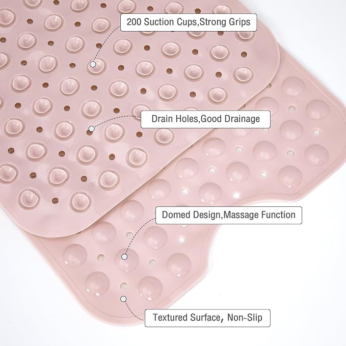 Extra Long Pink Bathtub Mat Non Slip, Soft Bath Mat for Tub 40 x 16 Inch Full Size, Bath Tub Shower Mats for Bathroom Floor, Big Suction Cups and Drain Holes, Easy Washable, BPA Free