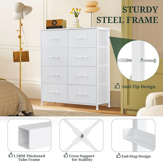 8-Drawer Dresser for Bedroom, Anti-Tip Tall Storage Organizer Chest of Drawers with Wooden Top and Metal Frame Fabric Bins for Closet, Living Room, Hallway, Entryway, White
