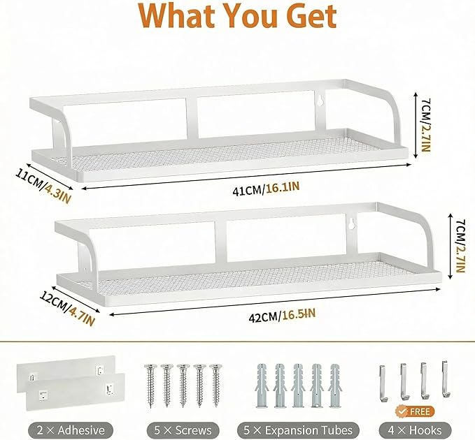 PUSDON 2-Pack 16.5" Extra Long Slim Hollowout Shower Caddy, Wall Mount Spice Rack & Bathroom Organizer, Mesh Bottom Cabinet Door Shelf Holds 50LBS - White, Hollowout