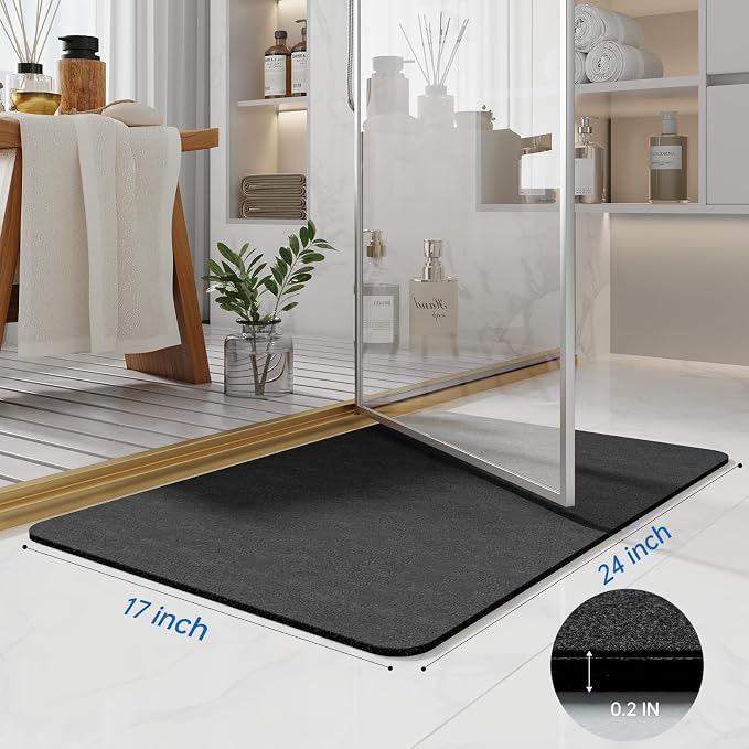 Bath Mat Rugs 24x17 - Diatomaceous Earth Bath Mat Quick Dry Absorbing Bathroom Rugs Rubber Non Slip Thin Bathroom Mat Fit Under Door, Bath Mats for Bathroom Floor, Tub and Shower, Sink, Dark Grey